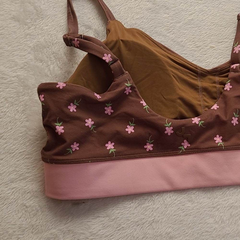 JoyLab Brown Pink Floral V-Neck Sports Bra Crossover Band Adjustable Straps M - Picture 10 of 11